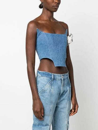 Asymmetrische Damen-Jeans mit hohem Bund und Colorblock-Design – modische Spliced-Denim-Hose für Frauen.