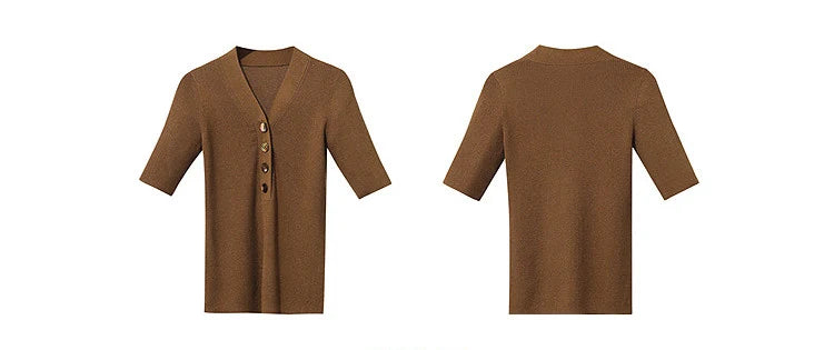 Damen V-Ausschnitt Pullover Wolle-Mix Halbarm Slim Frühling-Herbst