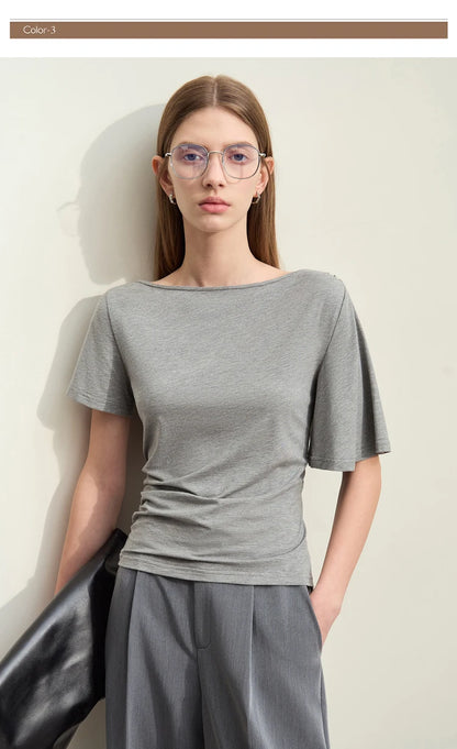 Damen T-Shirt im Minimalismus-Stil mit asymmetrischem Slash Neck und Raffen