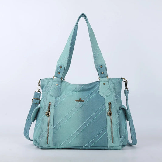 Damen-Handtasche Aus Denim Im Vintage-Look Große Schultertasche Mit Top-Griff Und Tragegurt