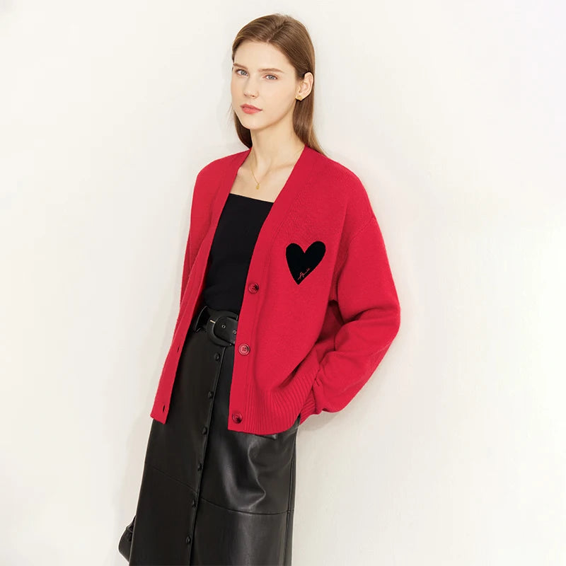 Damen-Strickjacke V-Ausschnitt Wollstickerei locker romantisch Winter