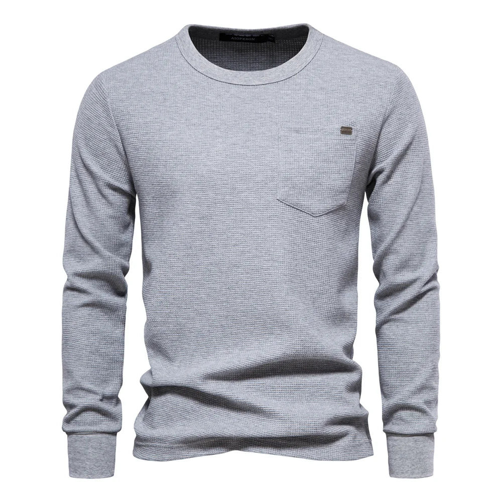 Herren Langarm T-Shirt aus einfarbigem Waffelstoff mit Brusttasche