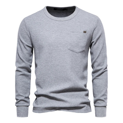 Herren Langarm T-Shirt aus einfarbigem Waffelstoff mit Brusttasche