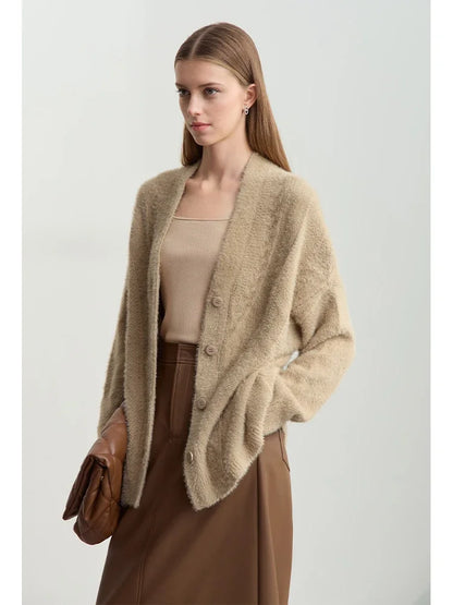 Damen-Strickjacke V-Ausschnitt Nerz-Imitat locker dick Winter