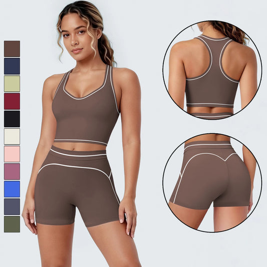 Damen-Yoga-Set, braun mit hellen Kontrastlinien, ärmelloses Top und Sportshorts