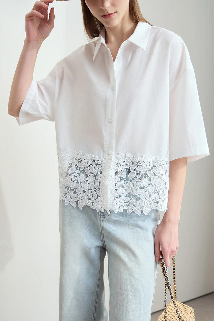 Damen Kurzarm Shirt mit drehbarem Kragen und solider Aushöhlung