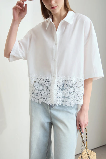 Damen Kurzarm Shirt mit drehbarem Kragen und solider Aushöhlung