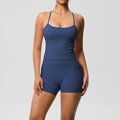 Damen Sportset: Trägershirt und Shorts, dunkelblau, figurformend