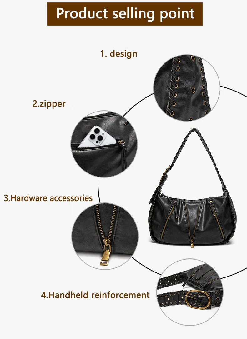 Damen-Hobo-Handtasche Vintage-Stil aus weichem Kunstleder mit geflochtenem Tragegurt und Mehrfach-Reißverschlussfächern