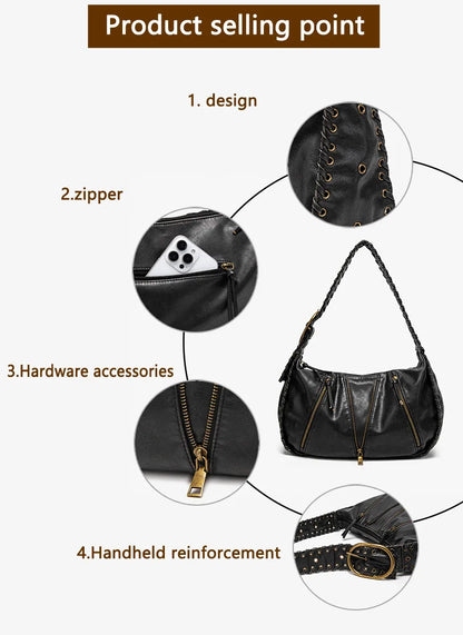 Damen-Hobo-Handtasche Vintage-Stil aus weichem Kunstleder mit geflochtenem Tragegurt und Mehrfach-Reißverschlussfächern