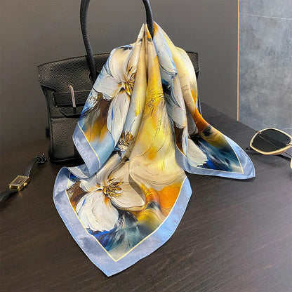 Damen Seidensatin Schal 53cm quadratisch Blumenprint Kopftuch Hijab Bandana E