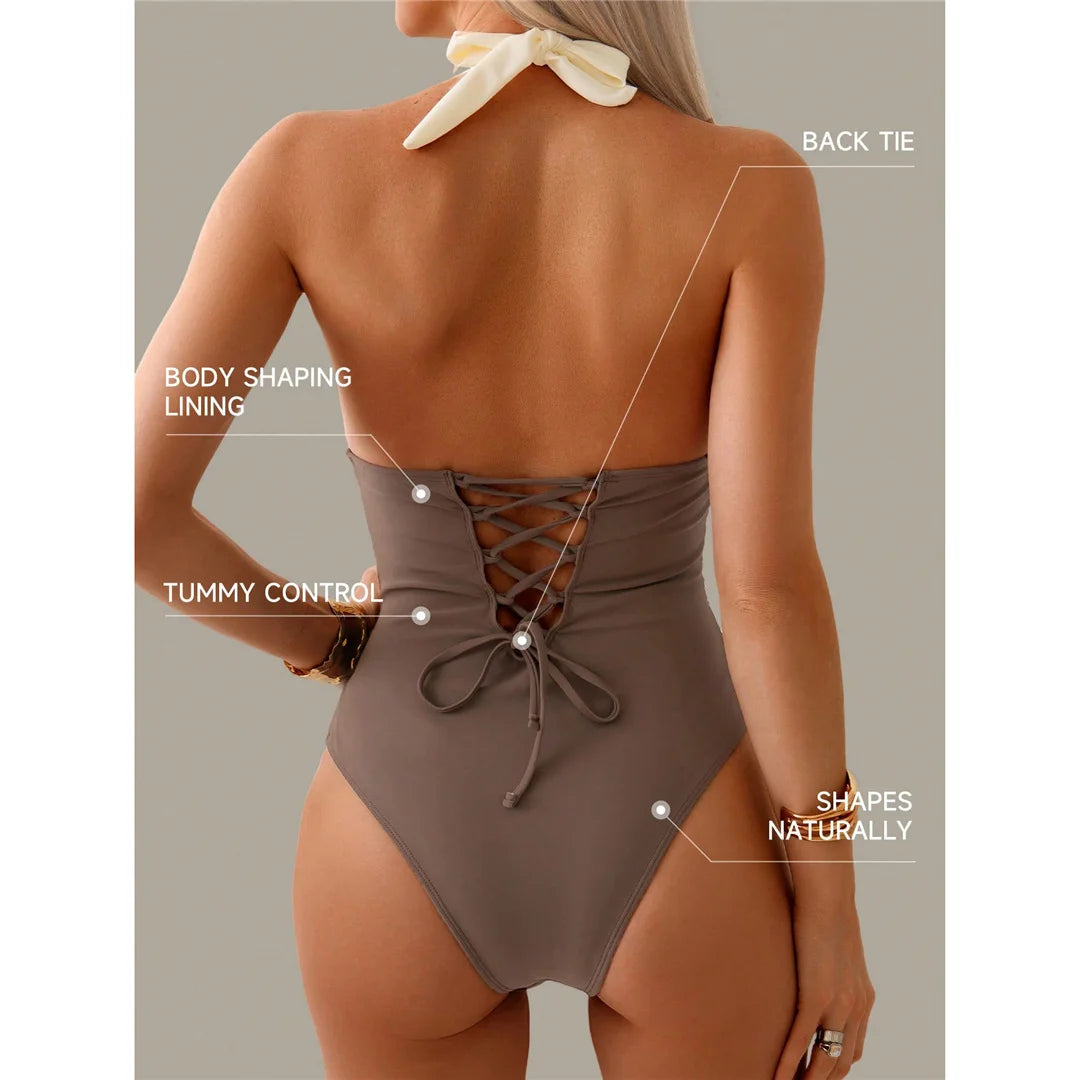 Damen Badeanzug Spleiß V-Ausschnitt rückenfrei Neckholder Monokini gepolstert