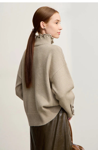 Damen-Rollkragenpullover locker Knopf Raglanärmel Winter