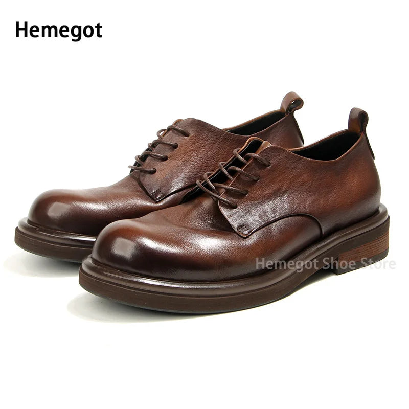 Herren-Lederschuhe, braun, Schnürschuhe mit runder Kappe und dicker Sohle