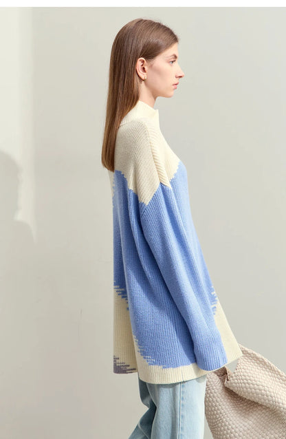 Damen-Rollkragenpullover Stickerei locker Winter Wolle-Mix