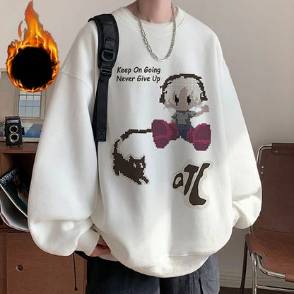 Vintage Oversize Herren-Sweatshirt mit Fist-Print und Rundhalsausschnitt – Herbst/Winter Langarmshirt mit Samtfutter im High-Street-Trend