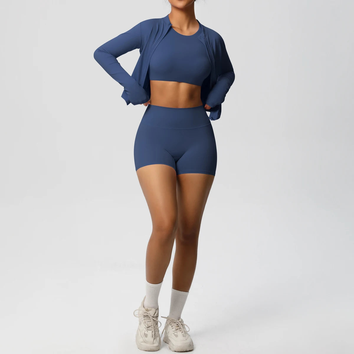 Navyblaues Damen Yoga-Set: langärmliges Crop-Top und kurze Radlerhose