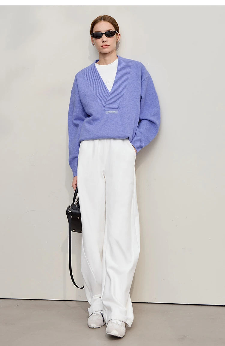 Lavendelfarbener Damen-Strickpullover mit V-Ausschnitt und langen Ärmeln