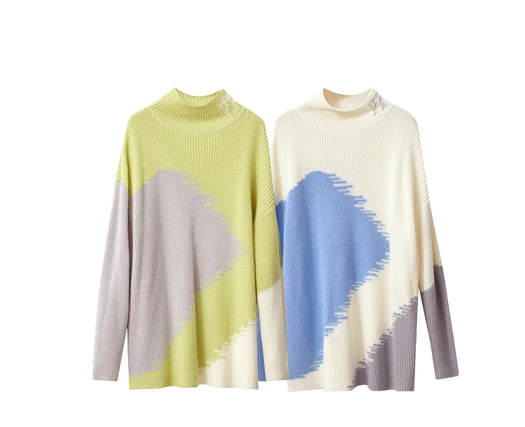 Damen-Rollkragenpullover Stickerei locker Winter Wolle-Mix