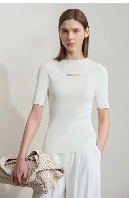 Heller Damen-Strickpullover, kurzärmelig, mit ovaler Aussparung im Brustbereich