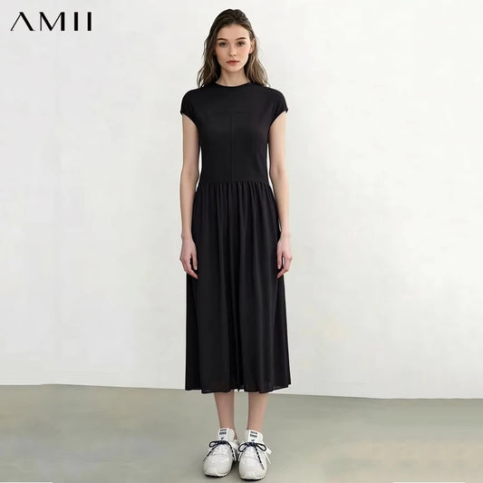 Schwarzes Damenkleid mit Rundhalsausschnitt und gerafftem Rockbund, Midi, Kurzarm