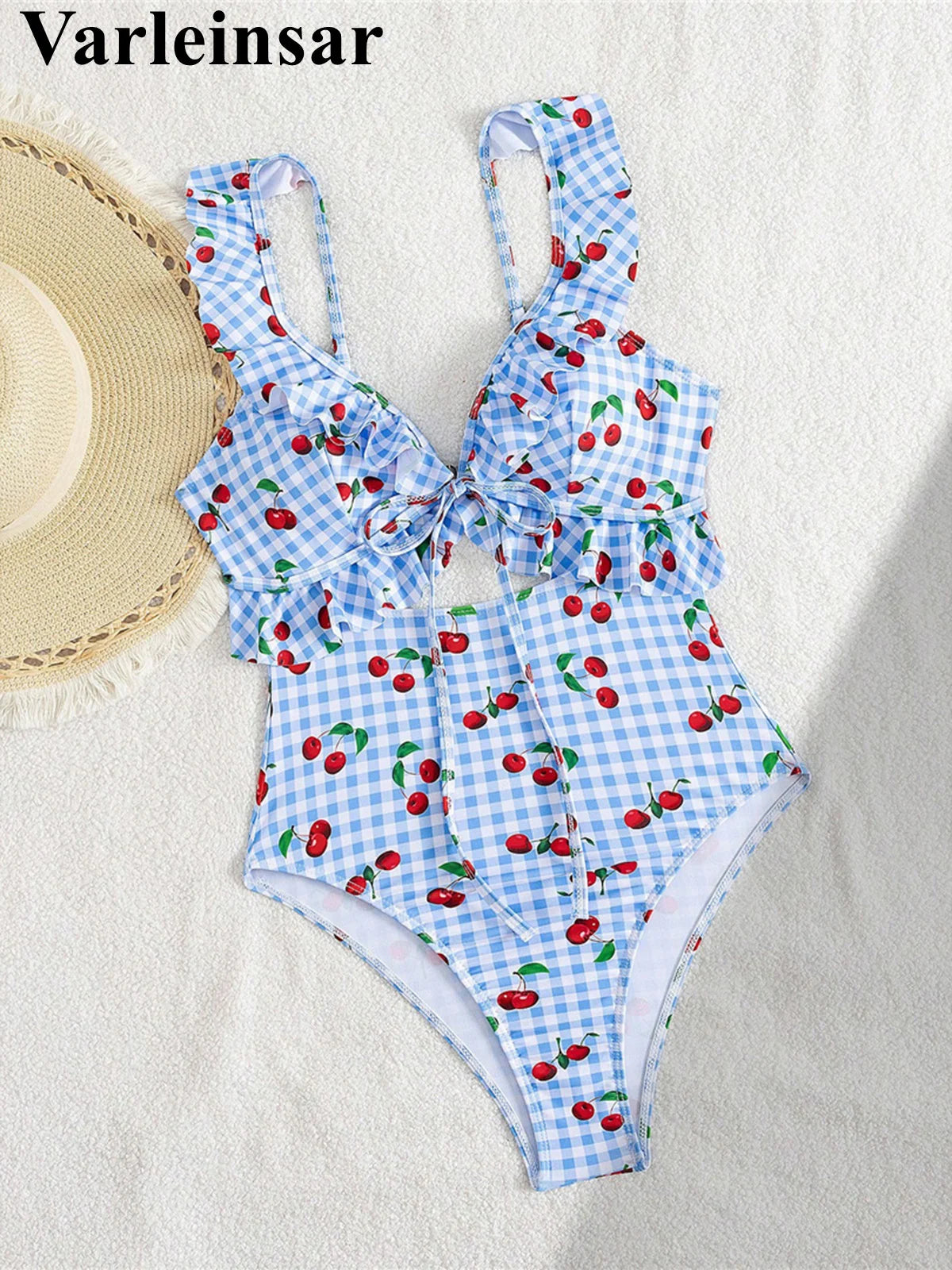 Damen Badeanzug Kirschen Karo Cut-Out Rüschen hoher Beinausschnitt Monokini