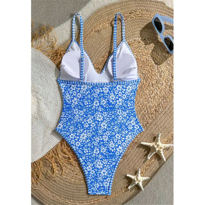 Damen Badeanzug Blumenmuster V-Ausschnitt High-Cut Monokini gepolstert Einteiler