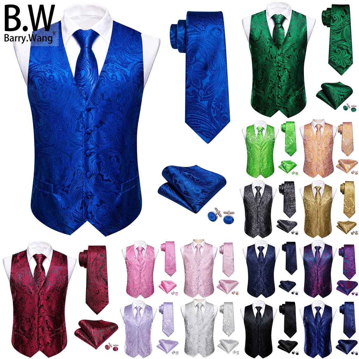 Blaue Herrenweste aus Seide mit Paisley-Muster, Knopfleiste und V-Ausschnitt