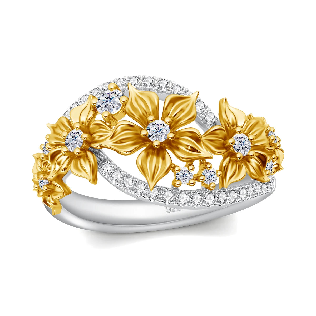 Damen-Ring Blüten-Moissanit Mit Zertifikat Und Goldplattierung Auf 925er Silber Für Verlobung Und Alltag