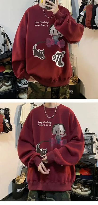 Japanischer Vintage-Pullover mit Fleece, Rundhalsausschnitt und Print – Lässiger Langarm-Hoodie für Herren im Winter.