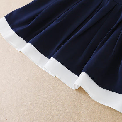 Marineblaues Mädchenkleid mit weißem Kragen und Schleife, kurzärmliges, plissiertes Kleid im Schulstil, Kinderkleidung für 5–12 Jahre