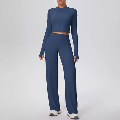 Dunkelblaues Yoga-Set mit Zip-Top und weitem Gymnastik-Hose aus Nylon