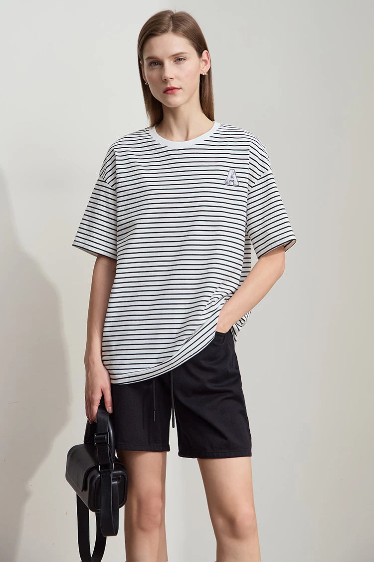 Damen T-Shirt aus reiner Baumwolle mit lässigem Streifenmuster und kurzen Ärmeln