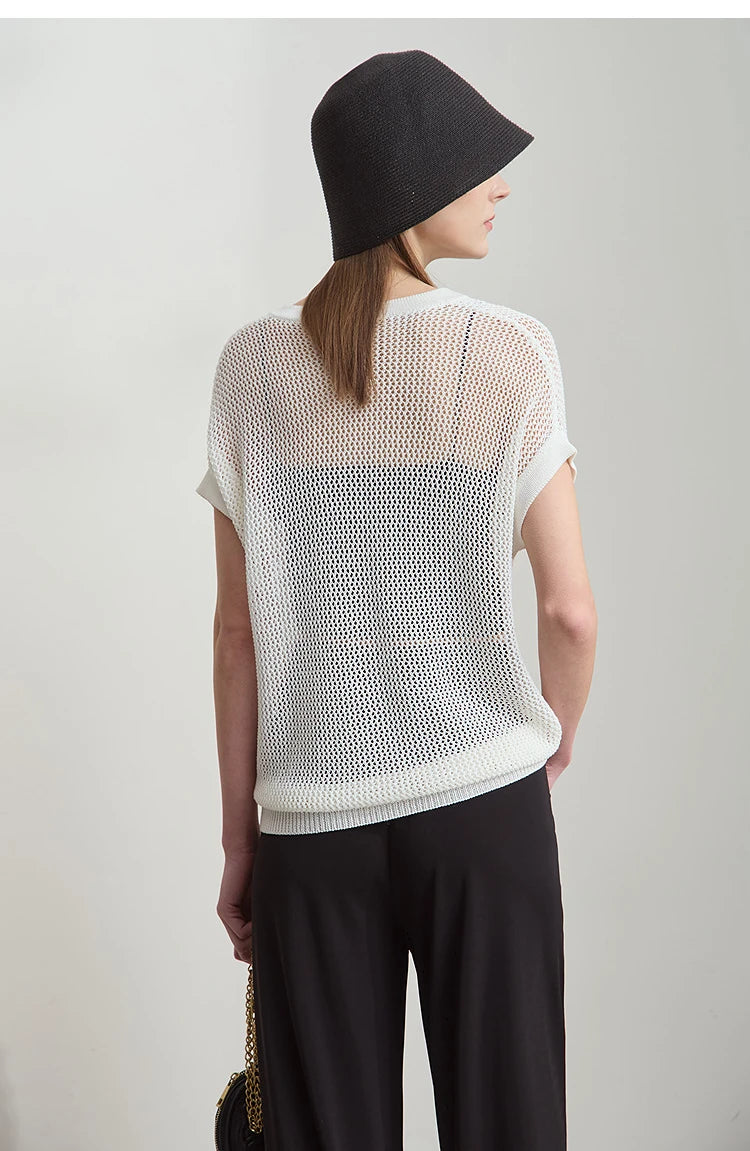 Damen V-Ausschnitt Pullover Viskose Kurzarm Aushöhlung Sommer