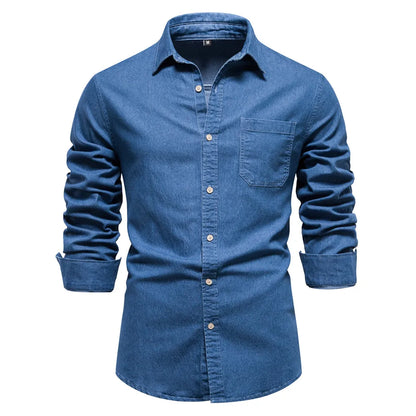 Herren Hemd aus Baumwolle im einfarbigen Denim-Look mit Tasche