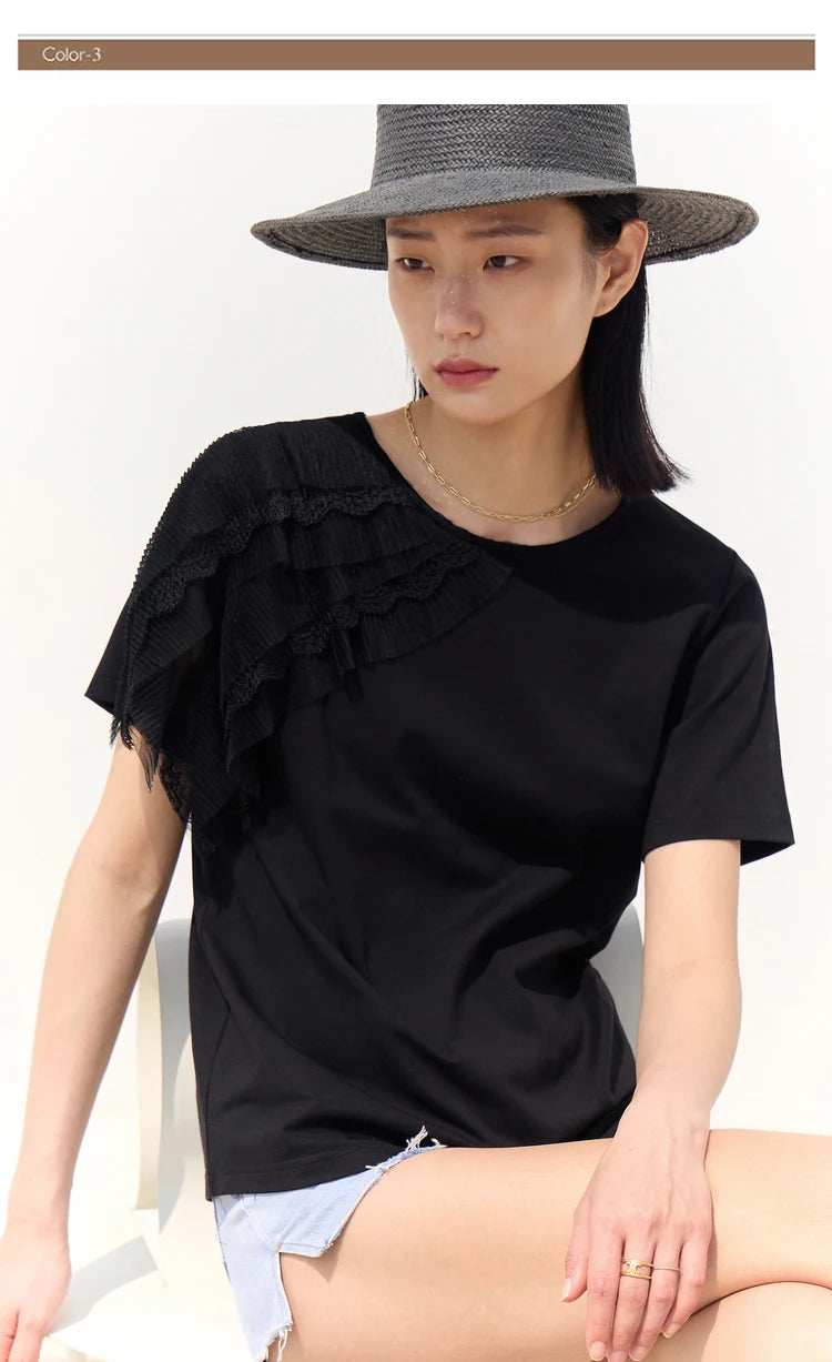Damen T-Shirt aus mercerisierter Baumwolle im minimalistischen Patchwork-Stil mit Spitze