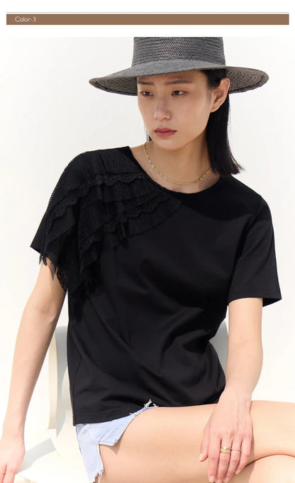 Damen T-Shirt aus mercerisierter Baumwolle im minimalistischen Patchwork-Stil mit Spitze