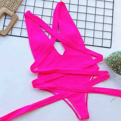 Damen-Badeanzug tiefer V-Ausschnitt Wickel Verband rückenfrei Monokini