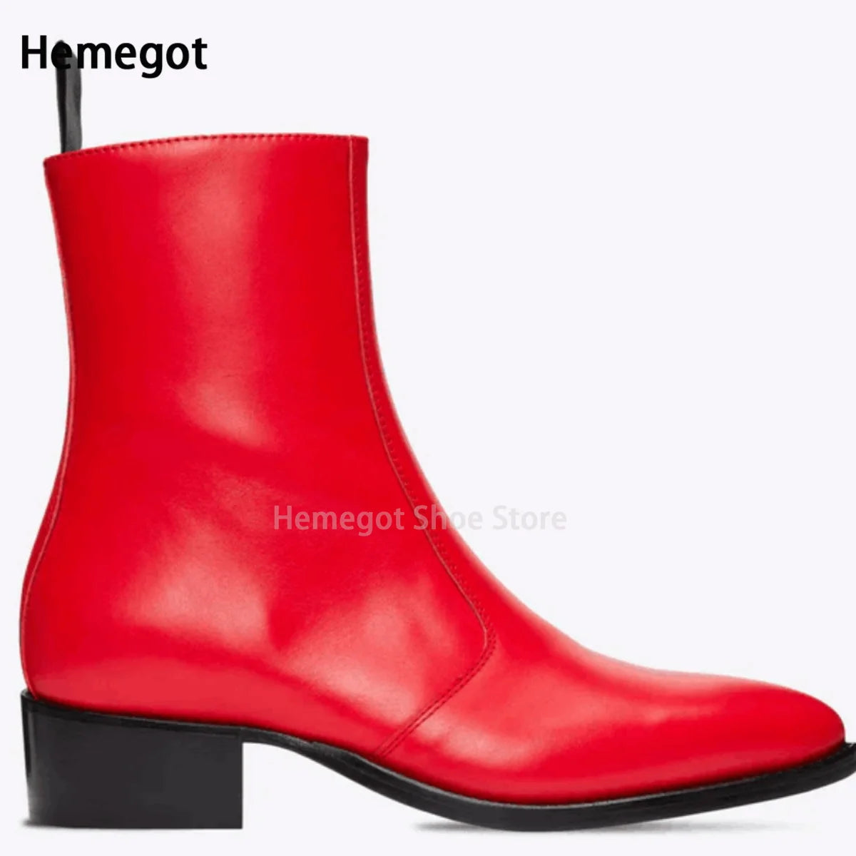 Rote Chelsea-Boots mit spitzem Zeh und Blockabsatz, glattes Obermaterial
