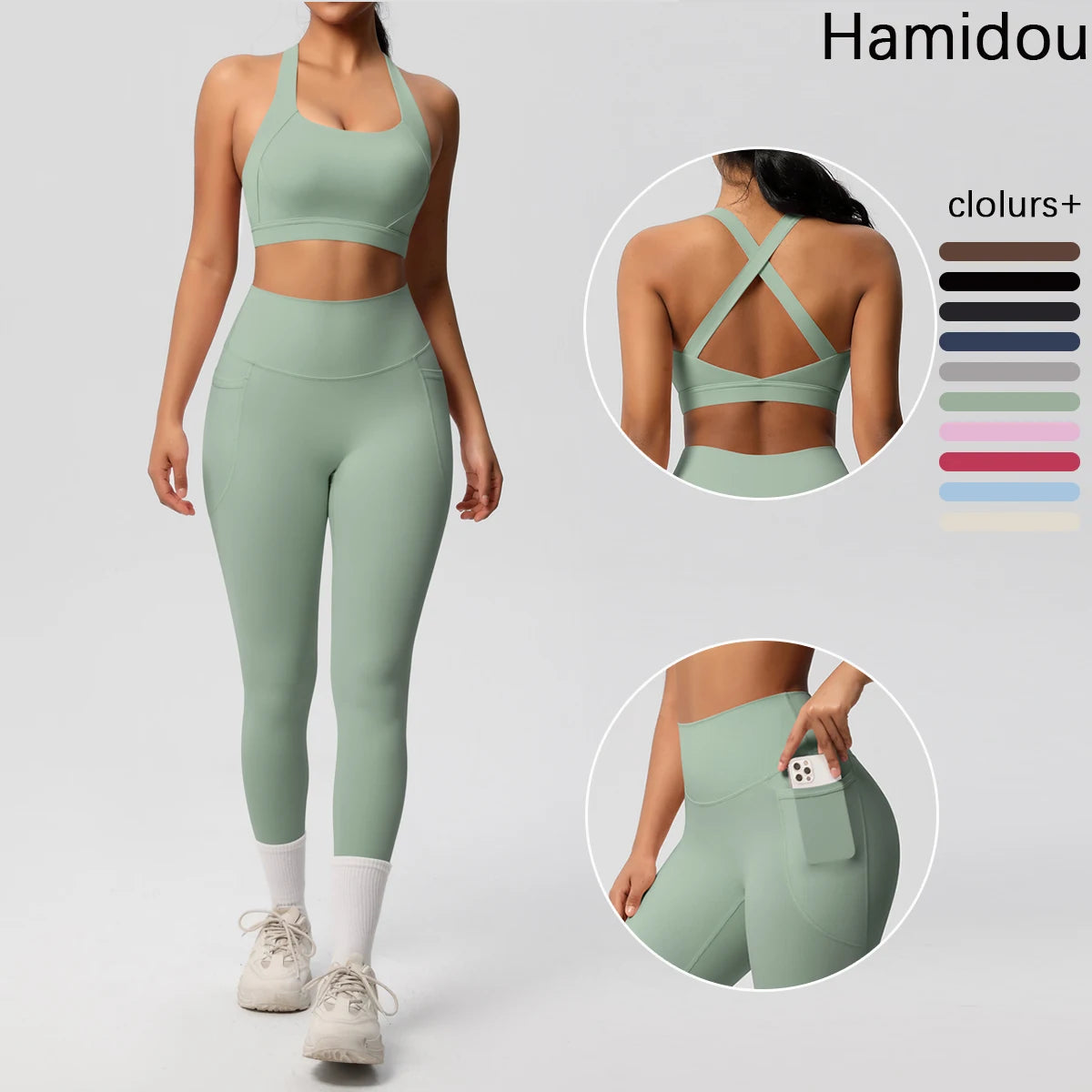 Yoga-Set: mintfarbenes Trägershirt mit X-Rücken und passenden High-Waist-Leggings