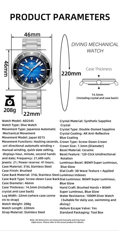 Herren Profi-Taucheruhr Automatik Saphirglas 3D-Zifferblatt 1000m Ultra Leuchtzeiger