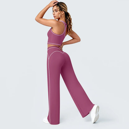 Yoga-Set Damen: I-Rücken-Top und weite Hose, lila/bordeaux mit hellen Zierlinien