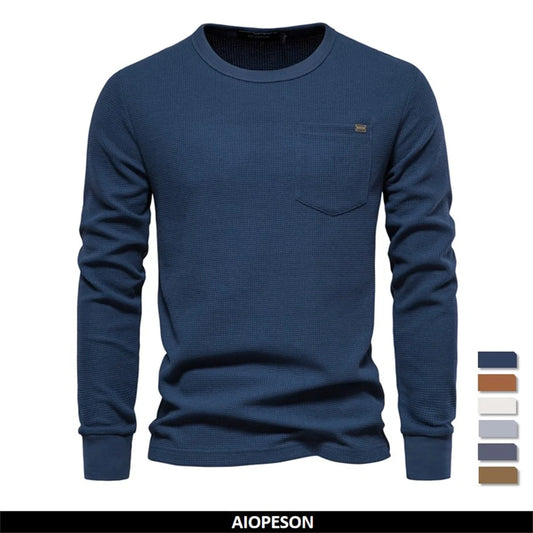 Herren-T-Shirt aus Waffel-Baumwolle mit langen Ärmeln – einfarbiges Einzeltaschen-Design, atmungsaktives Herbst-Basic-Oberteil für lässige Outfits