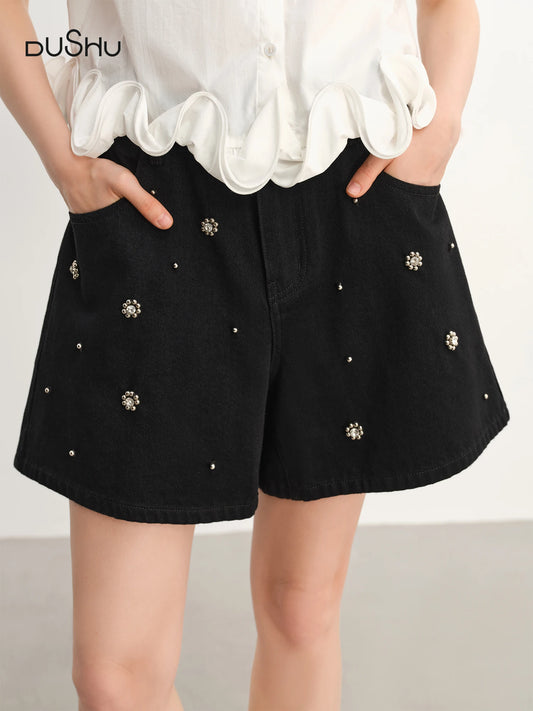 Damen-Hose mit elastischem Bund und Kordelzug, weites Bein, lässig und hoch tailliert – ideal für den Sommer.