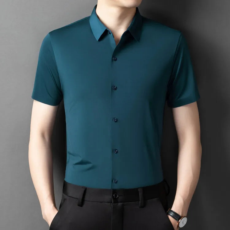 Herren-Hemd mit Vier-Wege-Stretch, Farbblock-Diamantmuster und Knopfleiste – ideal für Business-Casual und formelle Anlässe.