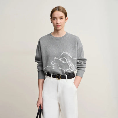 Damen-Rundhalspullover Tier-Jacquard locker Langarm Winter