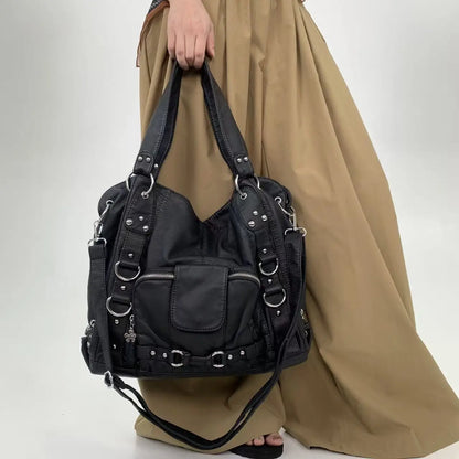 Damen-Vintage-Schultertasche Große Schwarze Mit Top-Griff Und Mehreren Fächern Für Viel Stauraum