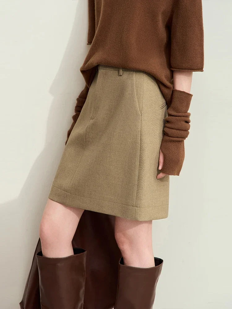 A-Linien-Minirock mit hohem Bund, khaki/beige, mit vorderer Mittelnaht