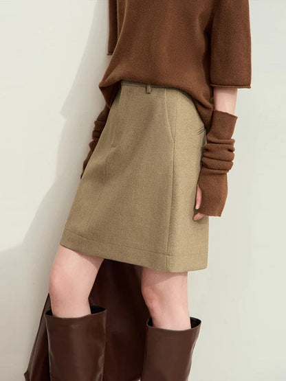 A-Linien-Minirock mit hohem Bund, khaki/beige, mit vorderer Mittelnaht