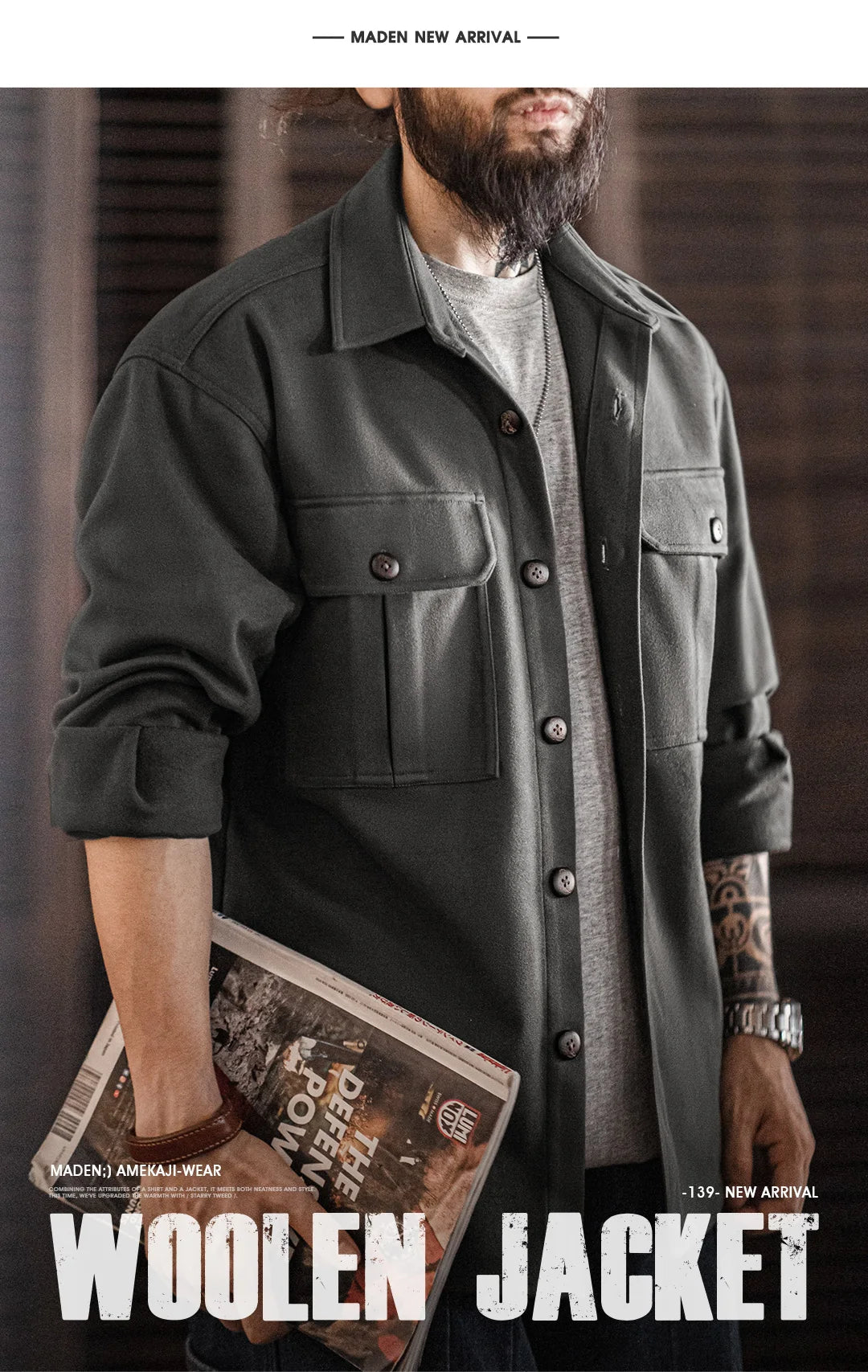 Herren Reversjacke Einfarbig Lockere Passform Taschen Schwerer Mantel